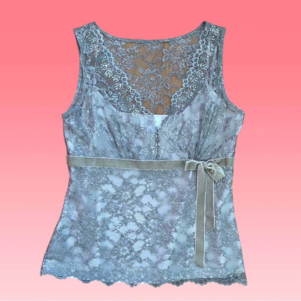 Y2K FairyCore WhimsiGoth Silver Metallic Lace Empire Waist Velvet Adorned Tank 8 - Picture 3 of 17